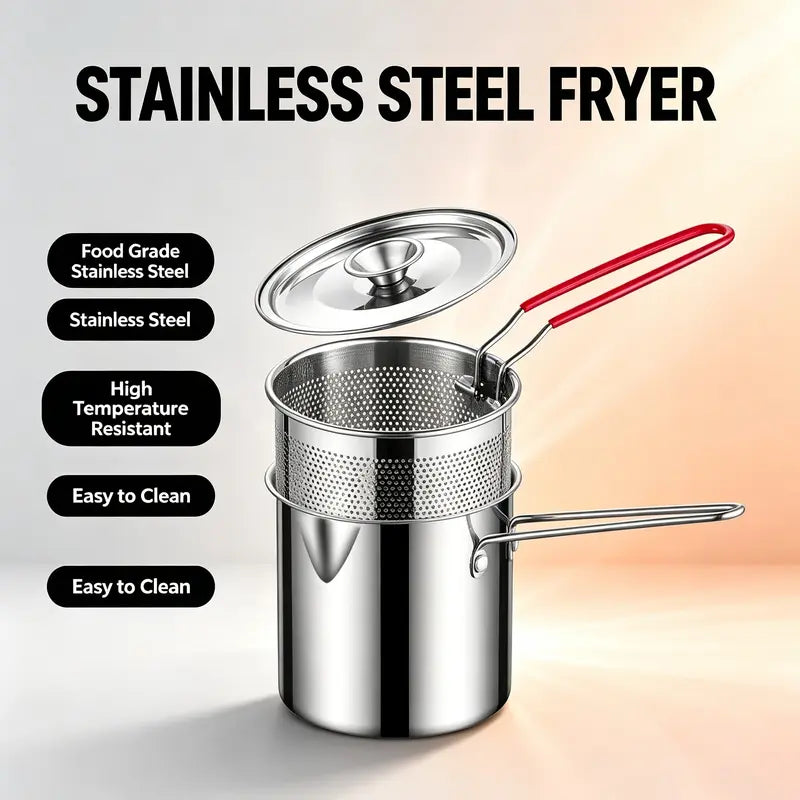 🍳 Oil‑Saving Deep Fry Pot, Stainless Steel Small Frying Pot with Strainer Basket & Food Clip