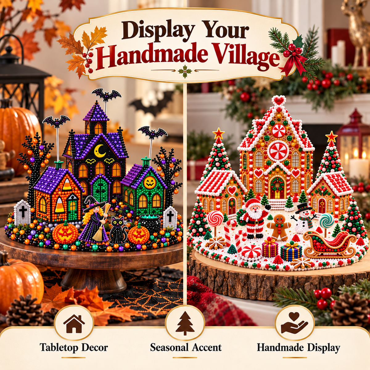 🎄🎃 3D DIY Diamond Art Village Kit – Christmas & Halloween Craft Decor