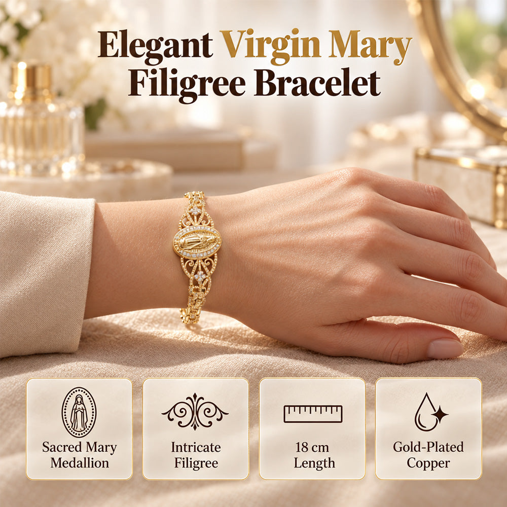 ⏳Time-Limited Special⏰Elegant Hollow Flower Virgin Mary Bracelet – Filigree Design, Gold Plated, Faith Inspired ✨