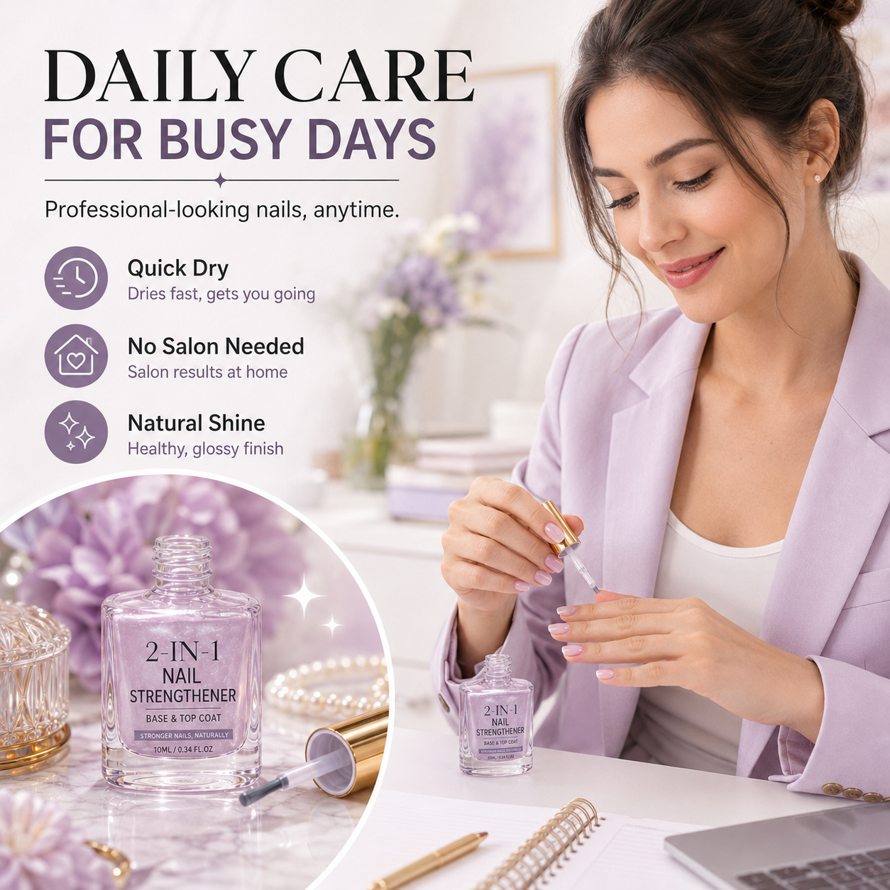 💅 40% OFF !! ⏰ Lilac Glossy Nail Strengthener – Strengthen Weak Nails & Restore Natural Shine