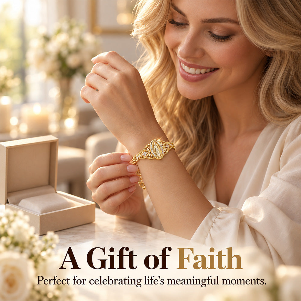⏳Time-Limited Special⏰Elegant Hollow Flower Virgin Mary Bracelet – Filigree Design, Gold Plated, Faith Inspired ✨