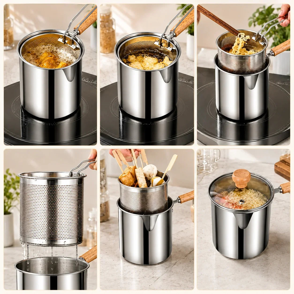 🍳 Oil‑Saving Deep Fry Pot, Stainless Steel Small Frying Pot with Strainer Basket & Food Clip