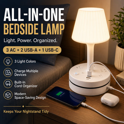 💡🔌 ALL-IN-ONE BEDSIDE LAMP & CHARGING STATION– 50% OFF! 3/4 AC, 2 USB, 1 Type-C – charge devices while you sleep. ⭐🏠