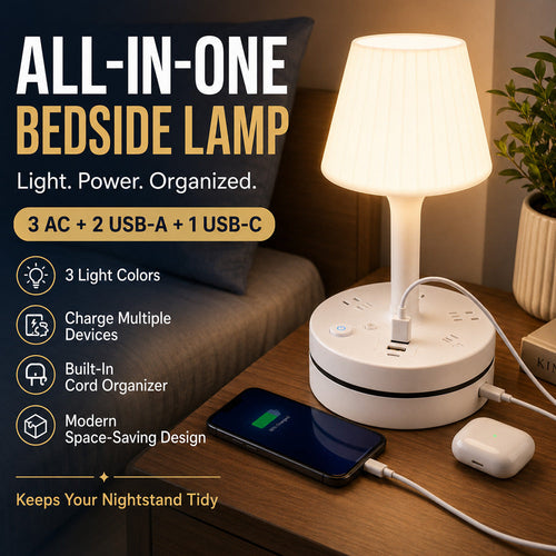 💡🔌 ALL-IN-ONE BEDSIDE LAMP & CHARGING STATION– 50% OFF! 3/4 AC, 2 USB, 1 Type-C – charge devices while you sleep. ⭐🏠