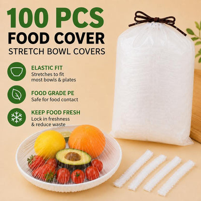 🍱🥪100PCS Disposable Stretch Food Covers, Elastic Kitchen Bowl & Plate Lids, Plastic Wrap Alternative for Food Storage & Leftovers Preservation