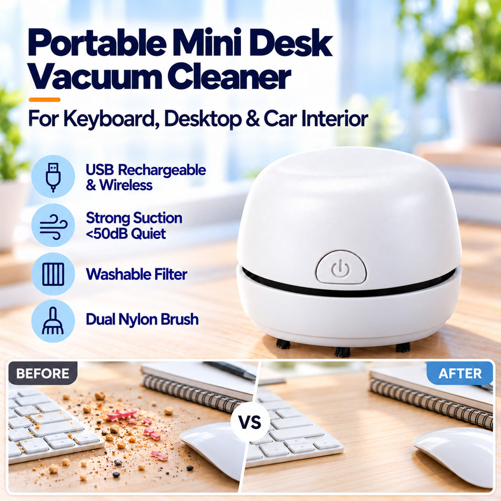 🎉50% OFF🎉✨ Portable Mini Desk Vacuum Cleaner | USB Rechargeable Compact Desktop Vacuum for Keyboard, Dust, Crumbs & Car Cleaning