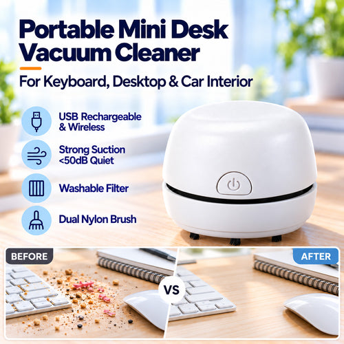 🎉50% OFF🎉✨ Portable Mini Desk Vacuum Cleaner | USB Rechargeable Compact Desktop Vacuum for Keyboard, Dust, Crumbs & Car Cleaning
