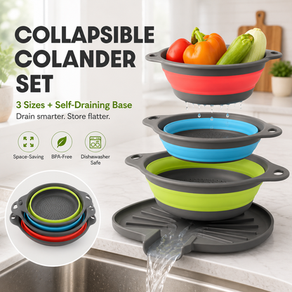 🥗 3-Piece Collapsible Colander Set – Fold Flat, Save Space & Easily Drain Pasta, Fruits & Veggies