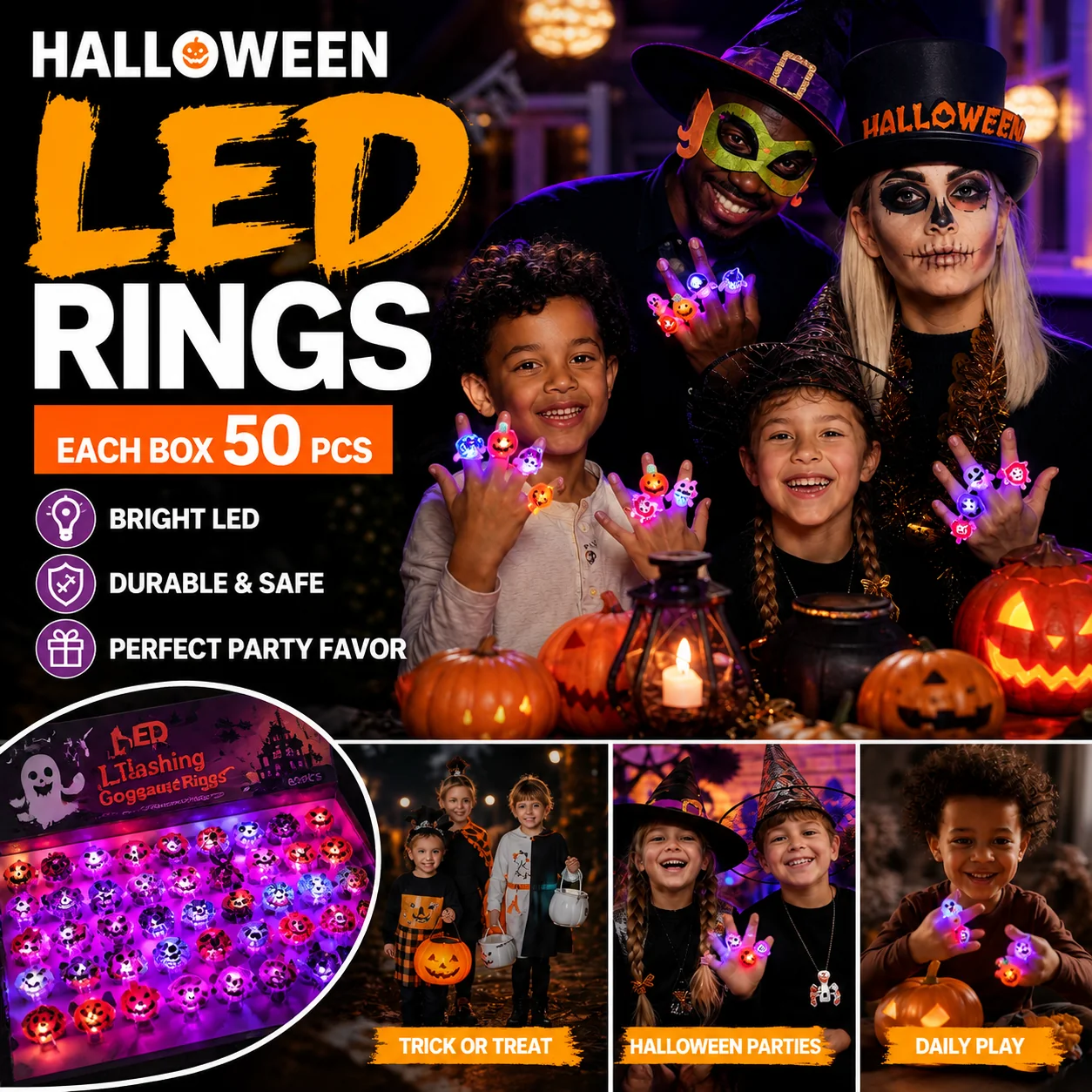 👻 Light Up Halloween Night! 🎃 40% OFF LED Halloween Glowing Rings ✨ 50 PCS Spooky Light-Up Rings for Trick-or-Treat, Parties & Goodie Bags — Devareon®