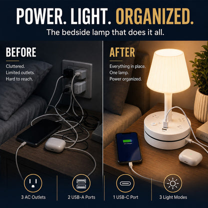 💡🔌 ALL-IN-ONE BEDSIDE LAMP & CHARGING STATION– 50% OFF! 3/4 AC, 2 USB, 1 Type-C – charge devices while you sleep. ⭐🏠