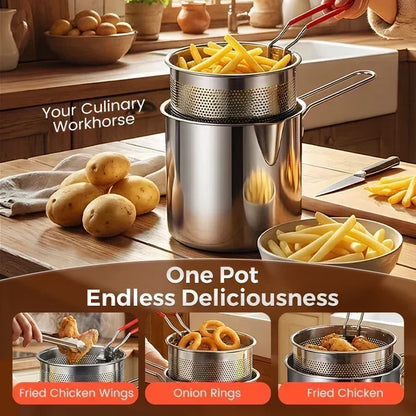 🍳 Oil‑Saving Deep Fry Pot, Stainless Steel Small Frying Pot with Strainer Basket & Food Clip