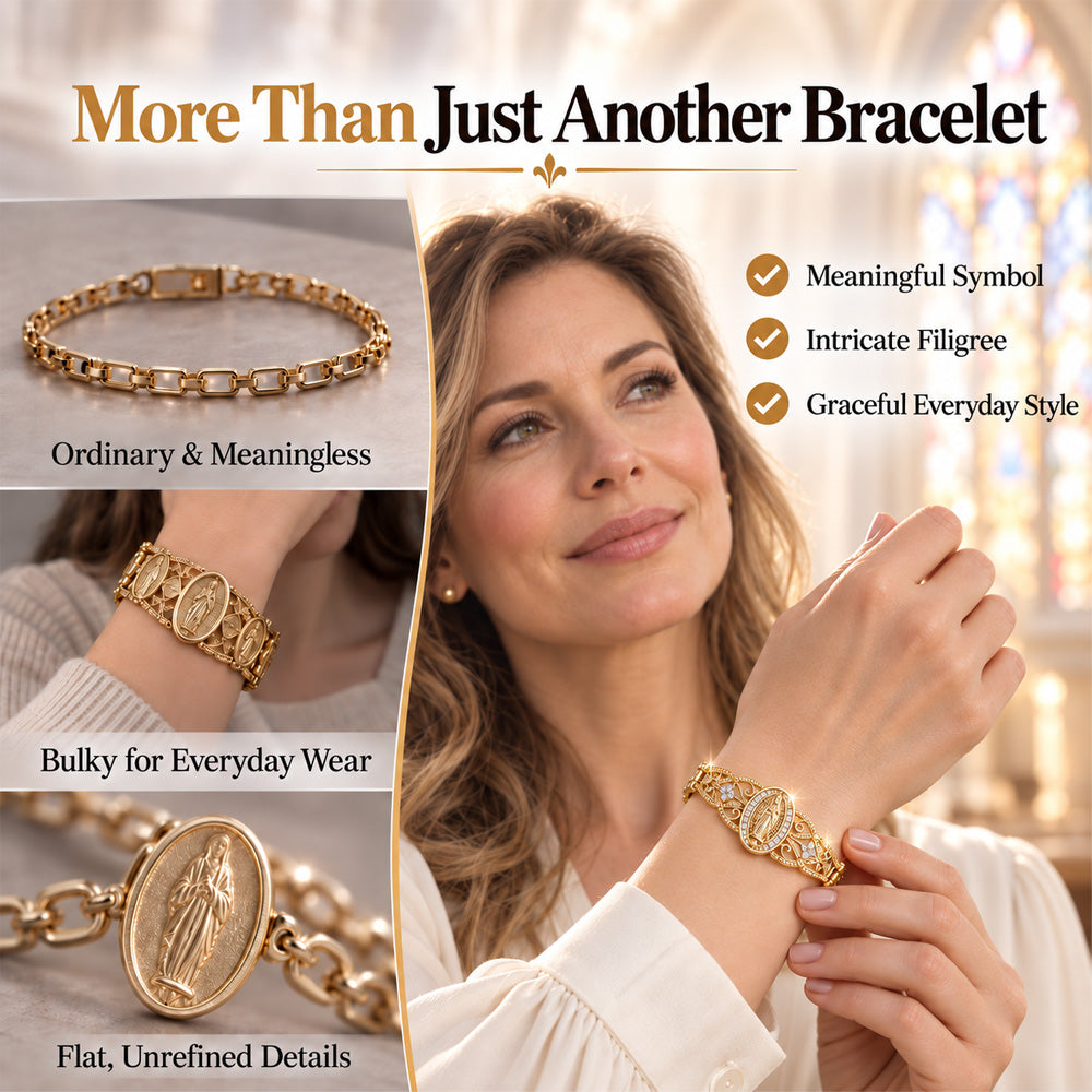⏳Time-Limited Special⏰Elegant Hollow Flower Virgin Mary Bracelet – Filigree Design, Gold Plated, Faith Inspired ✨
