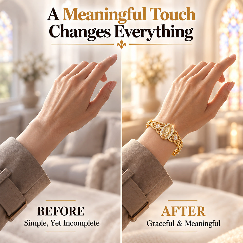 ⏳Time-Limited Special⏰Elegant Hollow Flower Virgin Mary Bracelet – Filigree Design, Gold Plated, Faith Inspired ✨