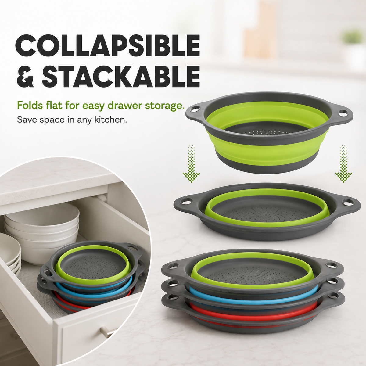 🥗 3-Piece Collapsible Colander Set – Fold Flat, Save Space & Easily Drain Pasta, Fruits & Veggies