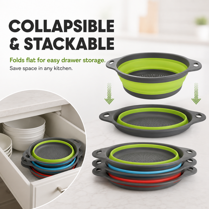 🥗 3-Piece Collapsible Colander Set – Fold Flat, Save Space & Easily Drain Pasta, Fruits & Veggies