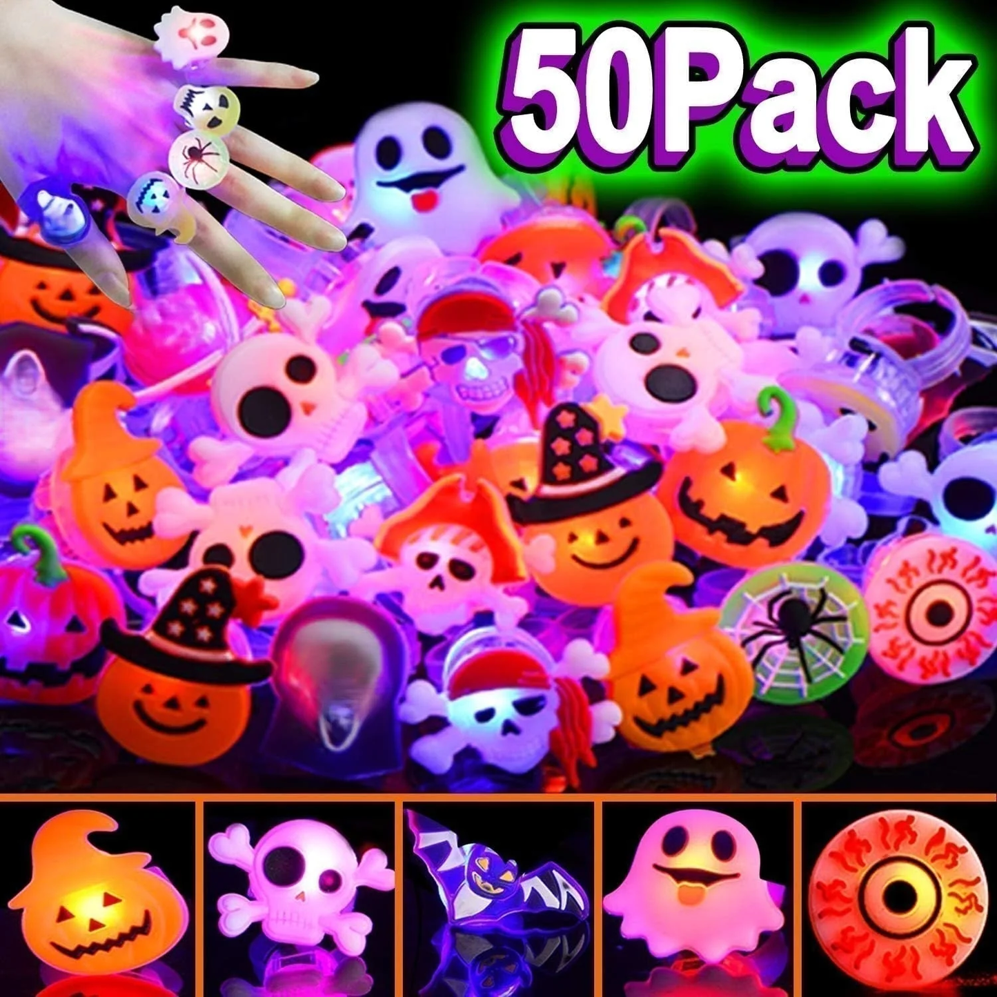 👻 Light Up Halloween Night! 🎃 40% OFF LED Halloween Glowing Rings ✨ 50 PCS Spooky Light-Up Rings for Trick-or-Treat, Parties & Goodie Bags — Devareon®