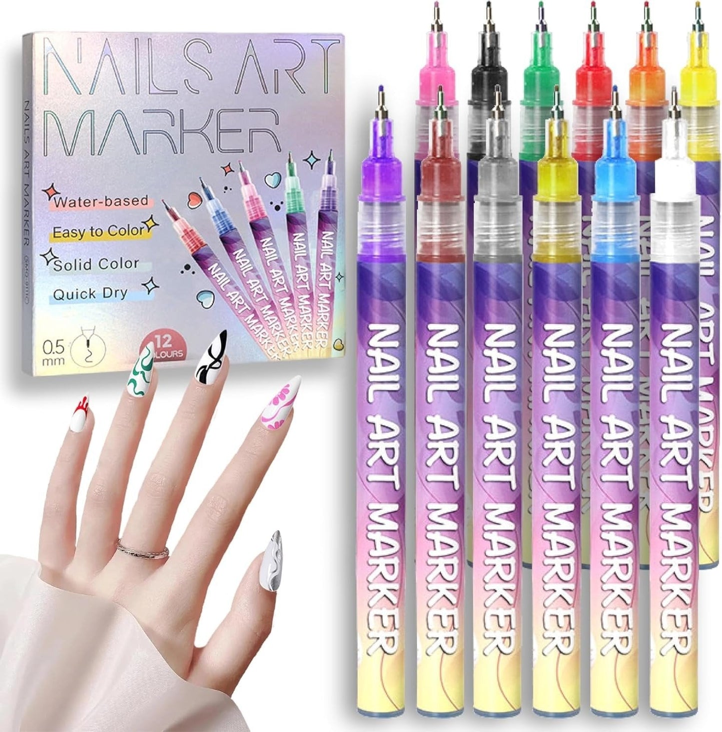 ⏳12 Colors Nail Art Pens Set🎨💅for DIY Nail Art Quick Drying Acrylic Painting and 3D Dot Embroidery mma acrylic nail - On Nails Quick Drying Dot Stitching Nail Art Pen for Home and Salon DIY, Nail Care Cutics Manicure Polish Cosmetic-Remifa®