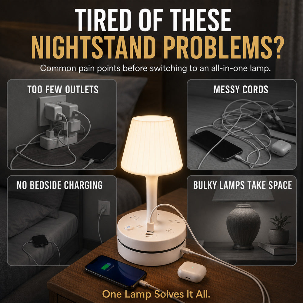 💡🔌 ALL-IN-ONE BEDSIDE LAMP & CHARGING STATION– 50% OFF! 3/4 AC, 2 USB, 1 Type-C – charge devices while you sleep. ⭐🏠