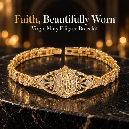 ⏳Time-Limited Special⏰Elegant Hollow Flower Virgin Mary Bracelet – Filigree Design, Gold Plated, Faith Inspired ✨