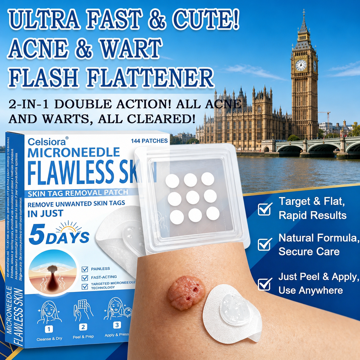 📌 Celsiora® 2-in-1 Microneedle & Hydrocolloid Patch | Raised Moles,Acne,  Flat Warts & Skin Tags Remover | Improves Wrinkles, Scars & Blemishes | Invisible Star Pimple Patches for Face & Body