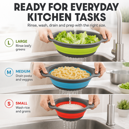 🥗 3-Piece Collapsible Colander Set – Fold Flat, Save Space & Easily Drain Pasta, Fruits & Veggies
