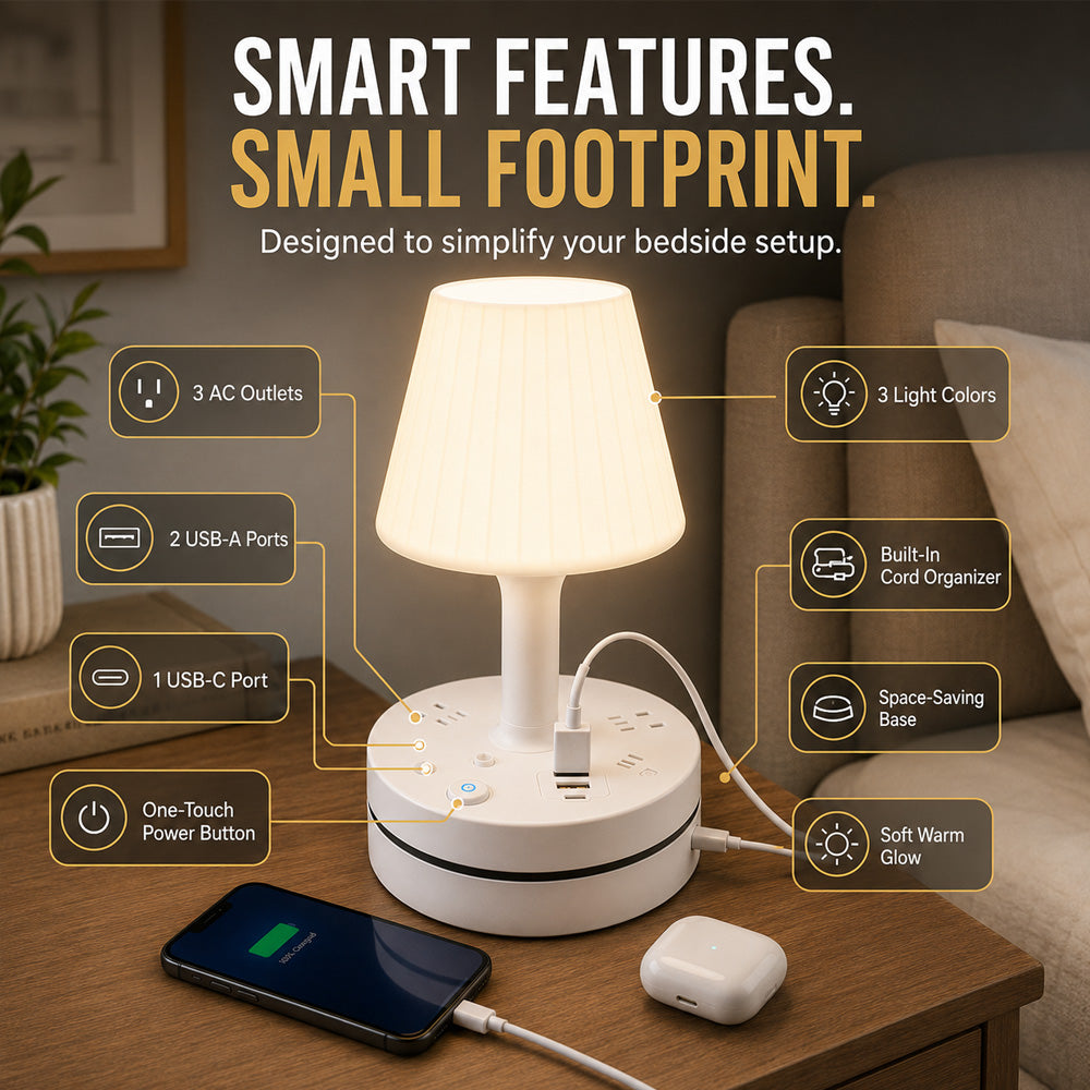 upsell💡🔌 ALL-IN-ONE BEDSIDE LAMP & CHARGING STATION– 50% OFF! 3/4 AC, 2 USB, 1 Type-C – charge devices while you sleep. ⭐🏠