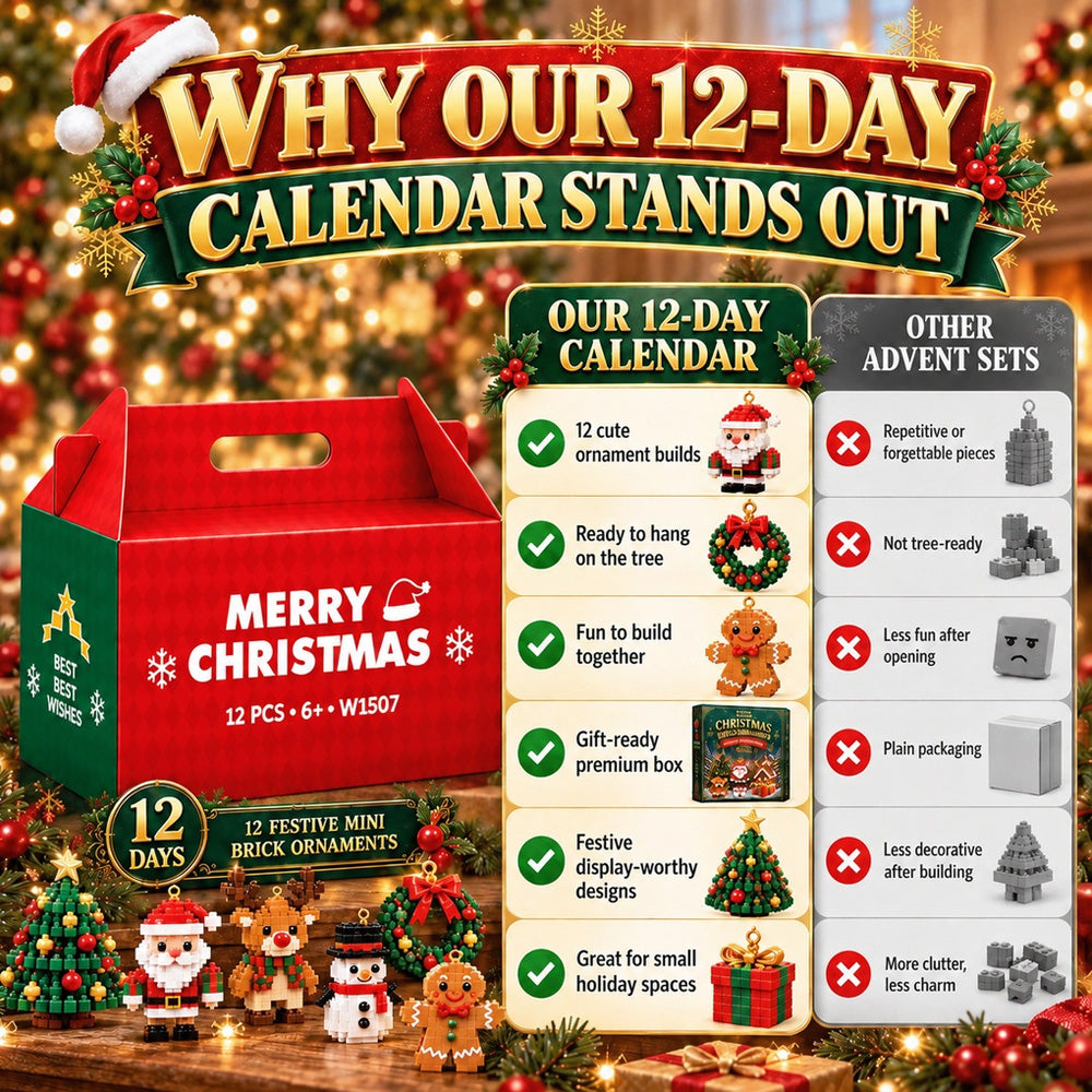 ⏳ Last day to save 49% – 🎄12-Day Mini Christmas Ornament Advent Calendar | 12 unique festive buildable designs with hanging loops—perfect for decorating Christmas trees, wreaths, and holiday displays 🧱
