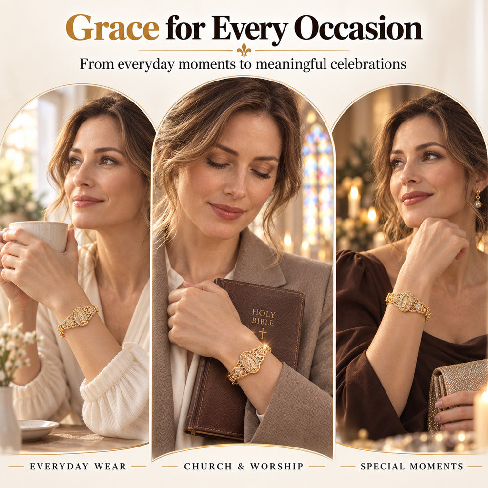 ⏳Time-Limited Special⏰Elegant Hollow Flower Virgin Mary Bracelet – Filigree Design, Gold Plated, Faith Inspired ✨
