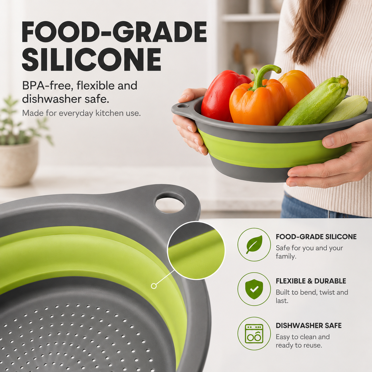 🥗 3-Piece Collapsible Colander Set – Fold Flat, Save Space & Easily Drain Pasta, Fruits & Veggies