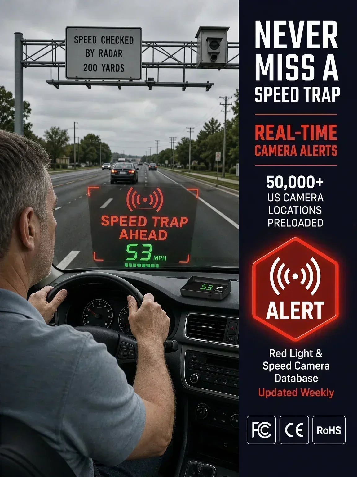 🚗50% OFF | Car GPS HUD Head-Up Display, Digital MPH Speedometer, Red Light Camera Alert & Traffic Light Countdown, Driver Safety Device to Avoid Driving Fines