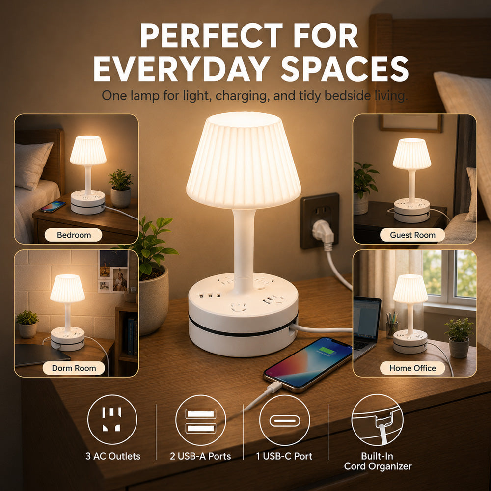💡🔌 ALL-IN-ONE BEDSIDE LAMP & CHARGING STATION– 50% OFF! 3/4 AC, 2 USB, 1 Type-C – charge devices while you sleep. ⭐🏠
