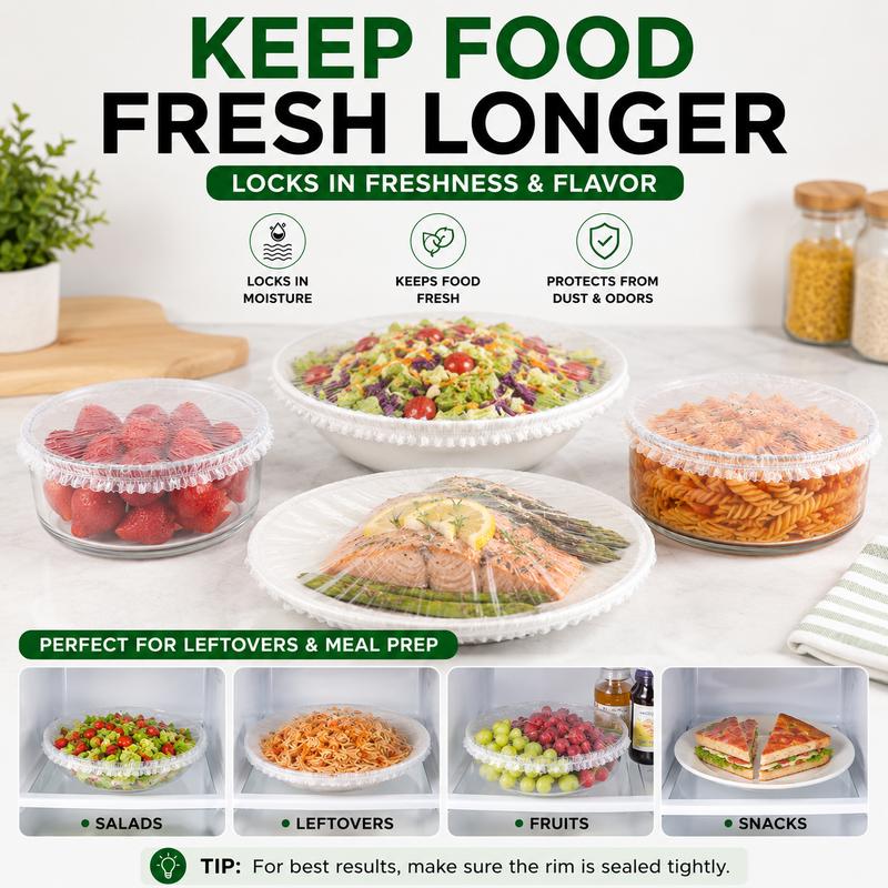 🍱🥪100PCS Disposable Stretch Food Covers, Elastic Kitchen Bowl & Plate Lids, Plastic Wrap Alternative for Food Storage & Leftovers Preservation
