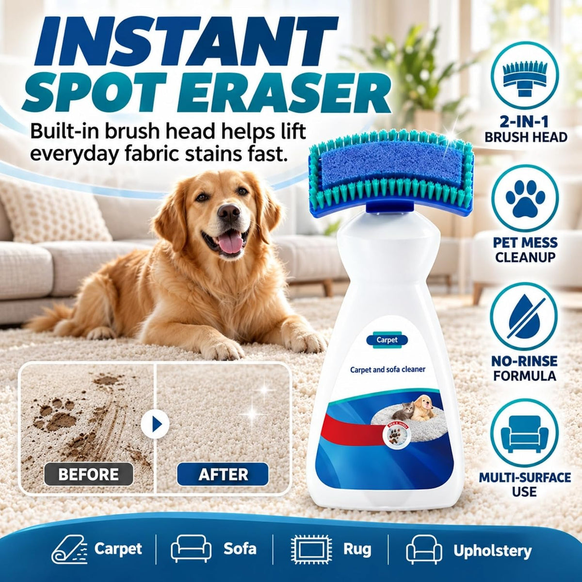 ✨  BUY 2 GET 1 FREE 🏆 Waterless Carpet & Upholstery Foam Cleaner – Fast Stain Removal for Rugs, Sofas, Car Seats & Everyday Spills