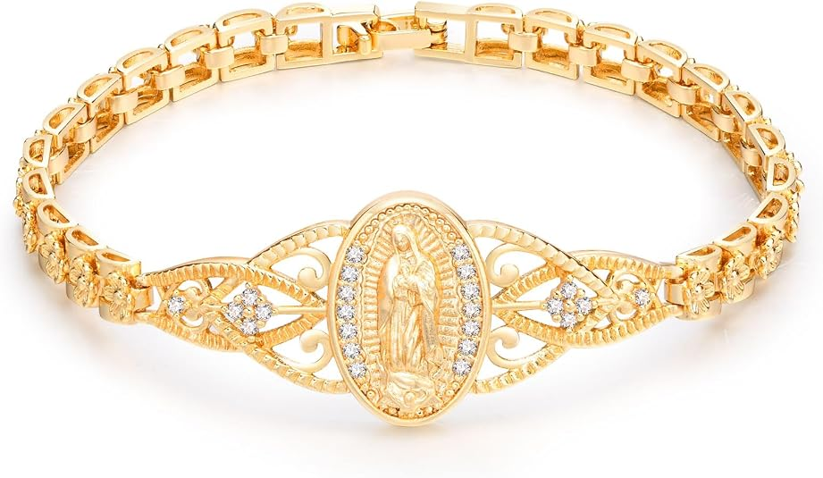 ⏳Time-Limited Special⏰Elegant Hollow Flower Virgin Mary Bracelet – Filigree Design, Gold Plated, Faith Inspired ✨