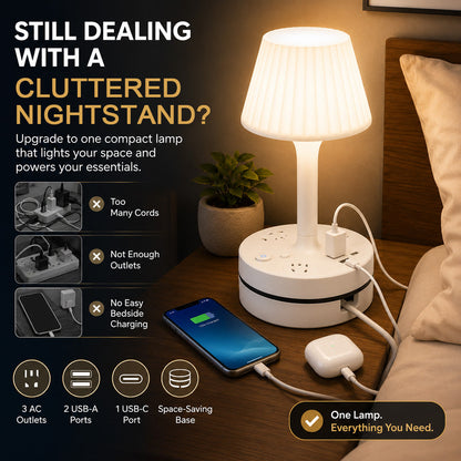 💡🔌 ALL-IN-ONE BEDSIDE LAMP & CHARGING STATION– 50% OFF! 3/4 AC, 2 USB, 1 Type-C – charge devices while you sleep. ⭐🏠