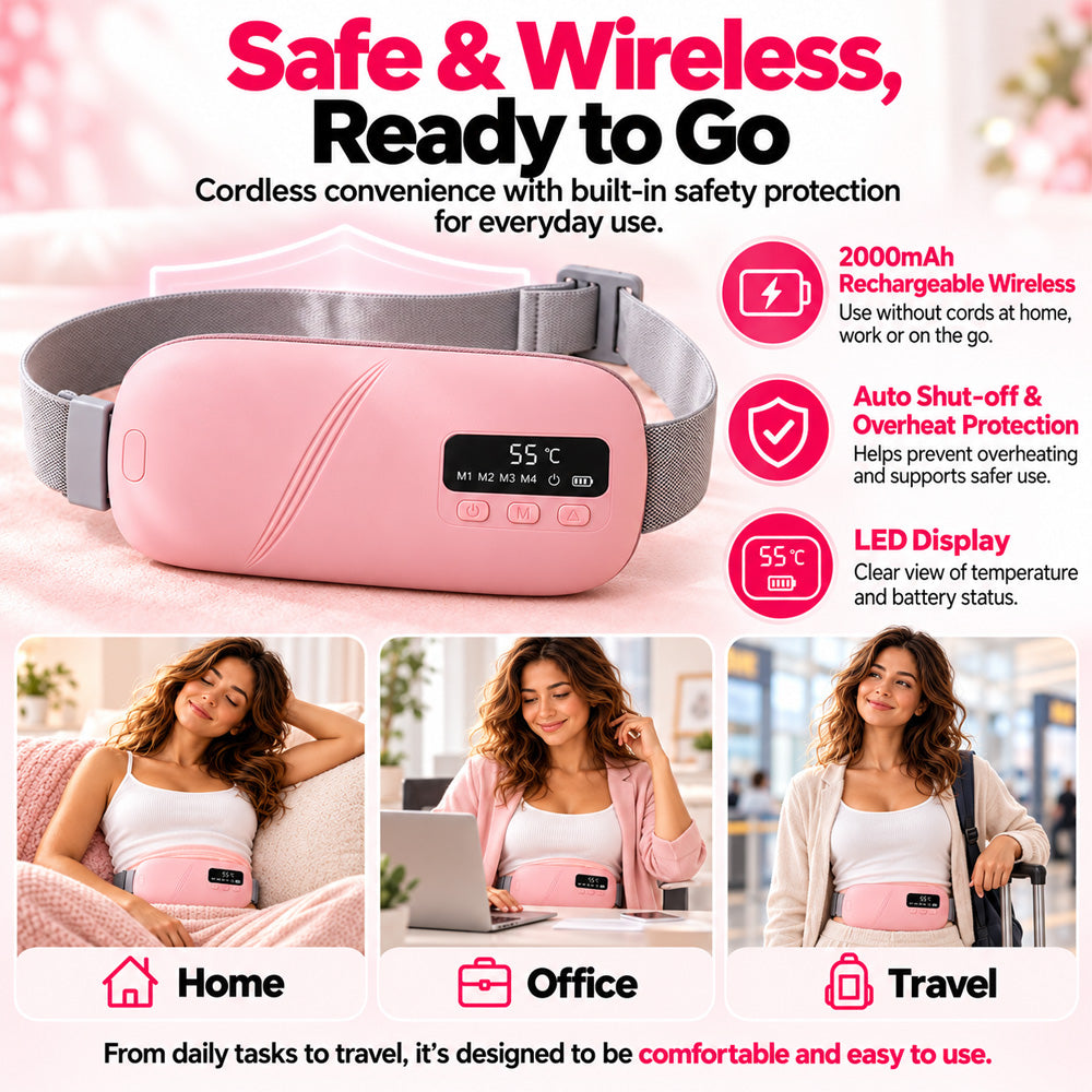 🔥 LIMITED-TIME 40% OFF | Heating Belt for Cramps & Back Relief – 5 Heat Levels, 4 Vibration Modes & Cordless