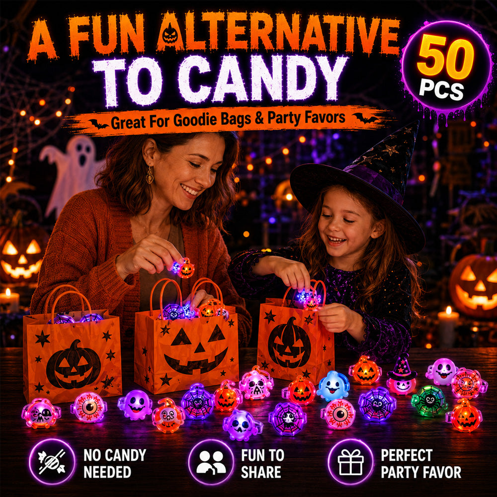 👻 Light Up Halloween Night! 🎃 40% OFF LED Halloween Glowing Rings ✨ 50 PCS Spooky Light-Up Rings for Trick-or-Treat, Parties & Goodie Bags — Devareon®