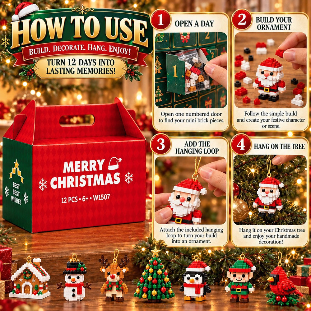 ⏳ Last day to save 49% – 🎄12-Day Mini Christmas Ornament Advent Calendar | 12 unique festive buildable designs with hanging loops—perfect for decorating Christmas trees, wreaths, and holiday displays 🧱