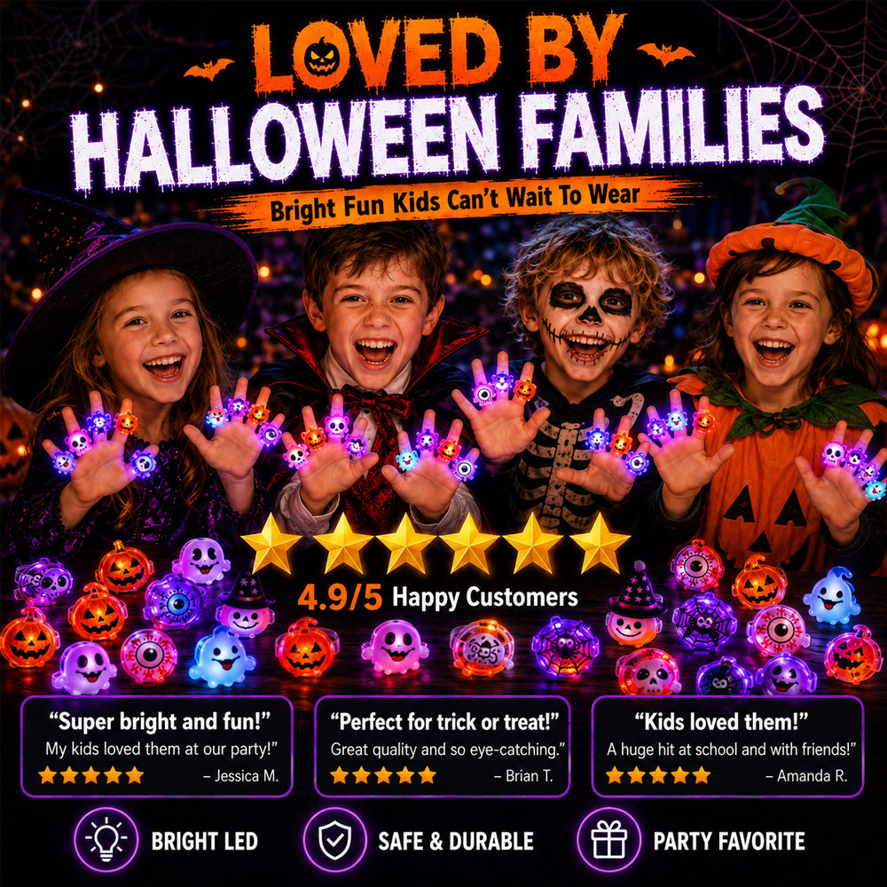 👻 Light Up Halloween Night! 🎃 40% OFF LED Halloween Glowing Rings ✨ 50 PCS Spooky Light-Up Rings for Trick-or-Treat, Parties & Goodie Bags — Devareon®