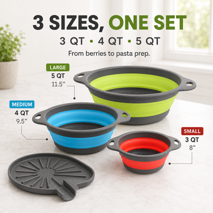 🥗 3-Piece Collapsible Colander Set – Fold Flat, Save Space & Easily Drain Pasta, Fruits & Veggies