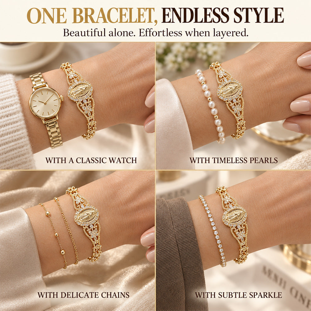 ⏳Time-Limited Special⏰Elegant Hollow Flower Virgin Mary Bracelet – Filigree Design, Gold Plated, Faith Inspired ✨
