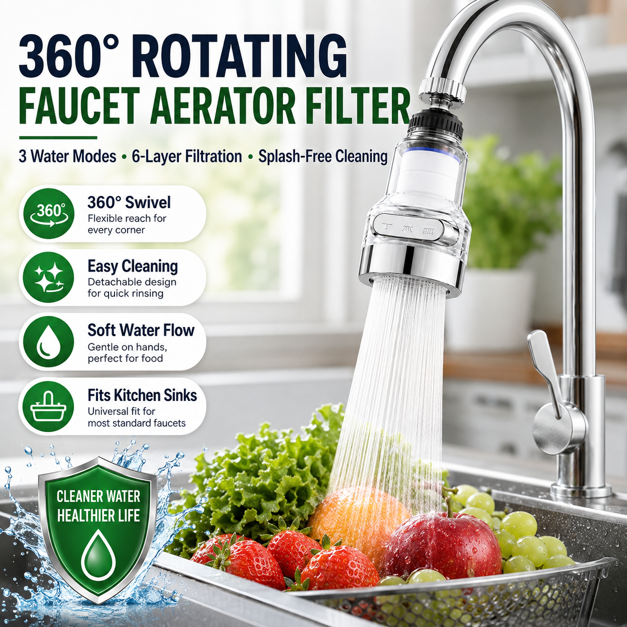 360° Rotating Faucet Aerator Filter, 6-Layer Filter with 3 Water Modes（ Includes 10 Replacement Filters ）