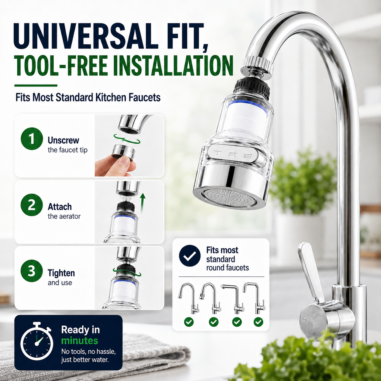 360° Rotating Faucet Aerator Filter, 6-Layer Filter with 3 Water Modes（ Includes 10 Replacement Filters ）