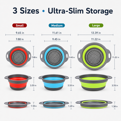 🥗 3-Piece Collapsible Colander Set – Fold Flat, Save Space & Easily Drain Pasta, Fruits & Veggies