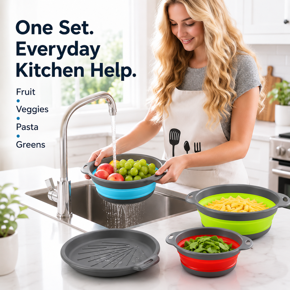 🥗 3-Piece Collapsible Colander Set – Fold Flat, Save Space & Easily Drain Pasta, Fruits & Veggies