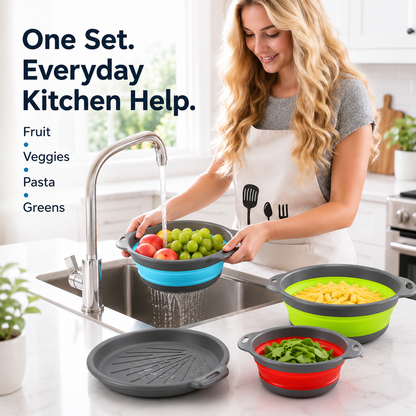 🥗 3-Piece Collapsible Colander Set – Fold Flat, Save Space & Easily Drain Pasta, Fruits & Veggies