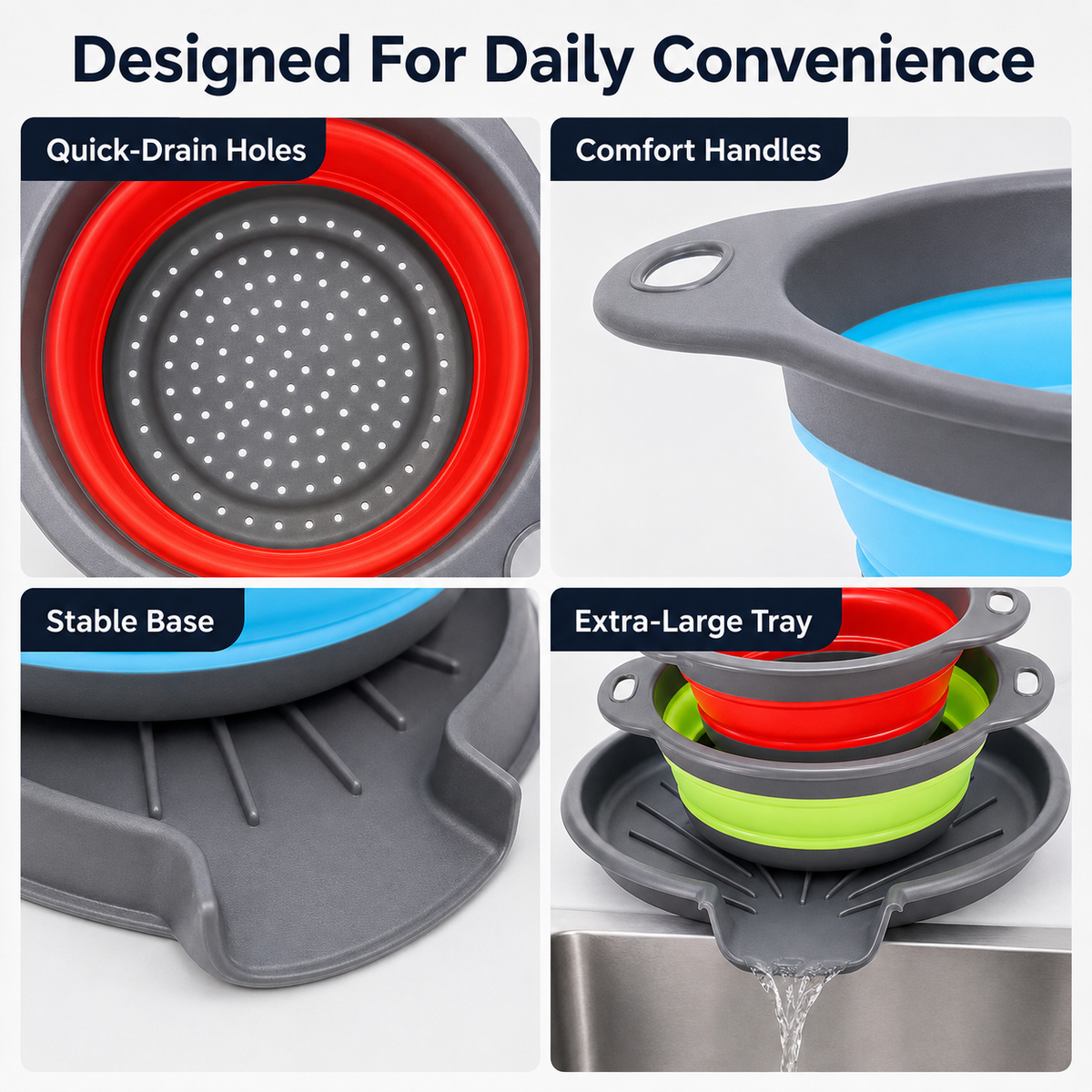 🥗 3-Piece Collapsible Colander Set – Fold Flat, Save Space & Easily Drain Pasta, Fruits & Veggies