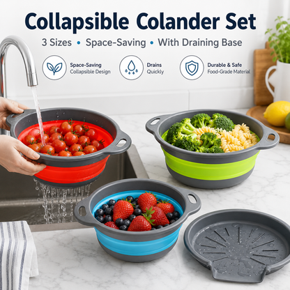 🥗 3-Piece Collapsible Colander Set – Fold Flat, Save Space & Easily Drain Pasta, Fruits & Veggies