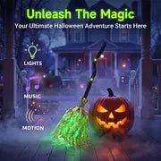LED Glowing Motion-Activated Musical Raffia Witch Broom Decor, Indoor-Outdoor Halloween Party Ornament, Festive Holiday Home Supplies Gift
