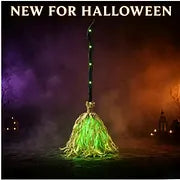 LED Glowing Motion-Activated Musical Raffia Witch Broom Decor, Indoor-Outdoor Halloween Party Ornament, Festive Holiday Home Supplies Gift